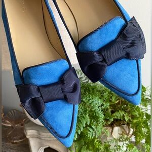 Ann Taylor Pretty Blue Suede‎ Ziggy Bow Flats Slip On Shoes Leather Womens 9
